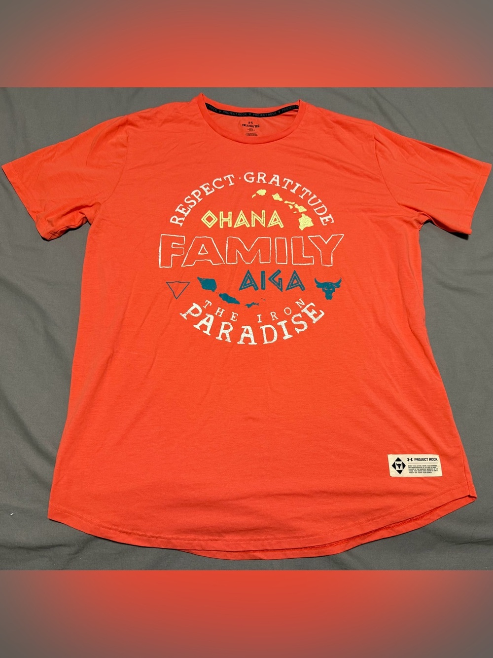 Under Armour Project Rock Orange T-Shirt Ohana Family Iron Paradise Men’s XXL